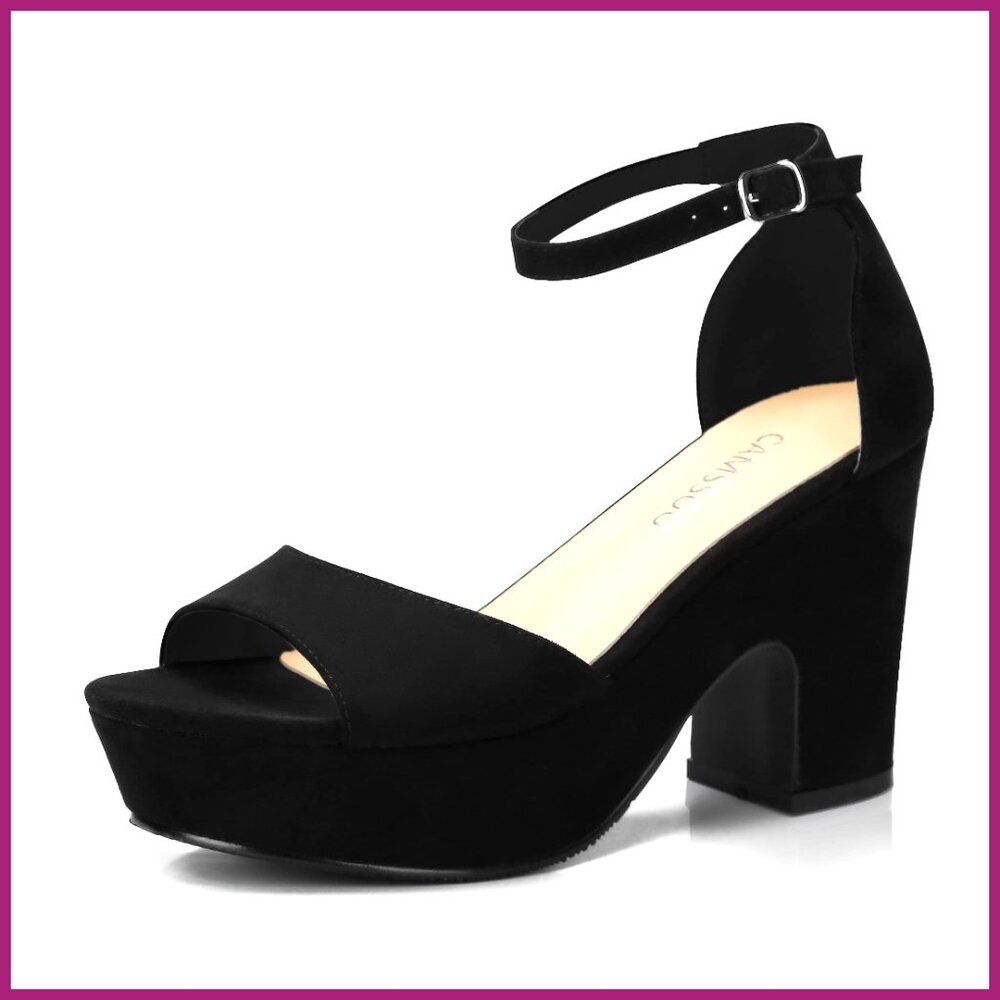 Suede Platform Wedges with Chunky Heel and Adjustable Ankle Strap